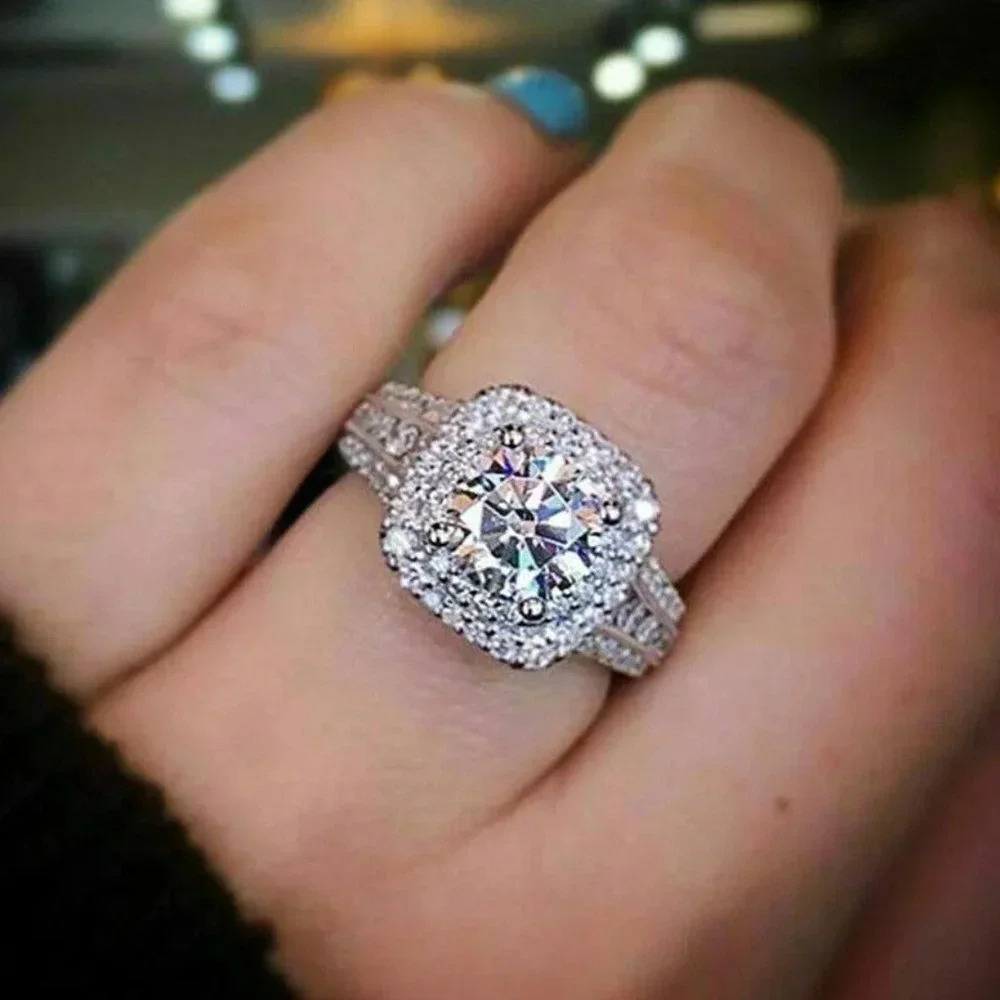925 Sterling Silver Diamond Halo Wedding Ring